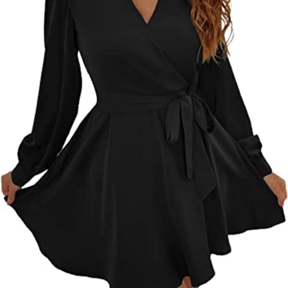 New SheIn Women's Elegant High Waist V Neck Long Sleeve Short Dress
